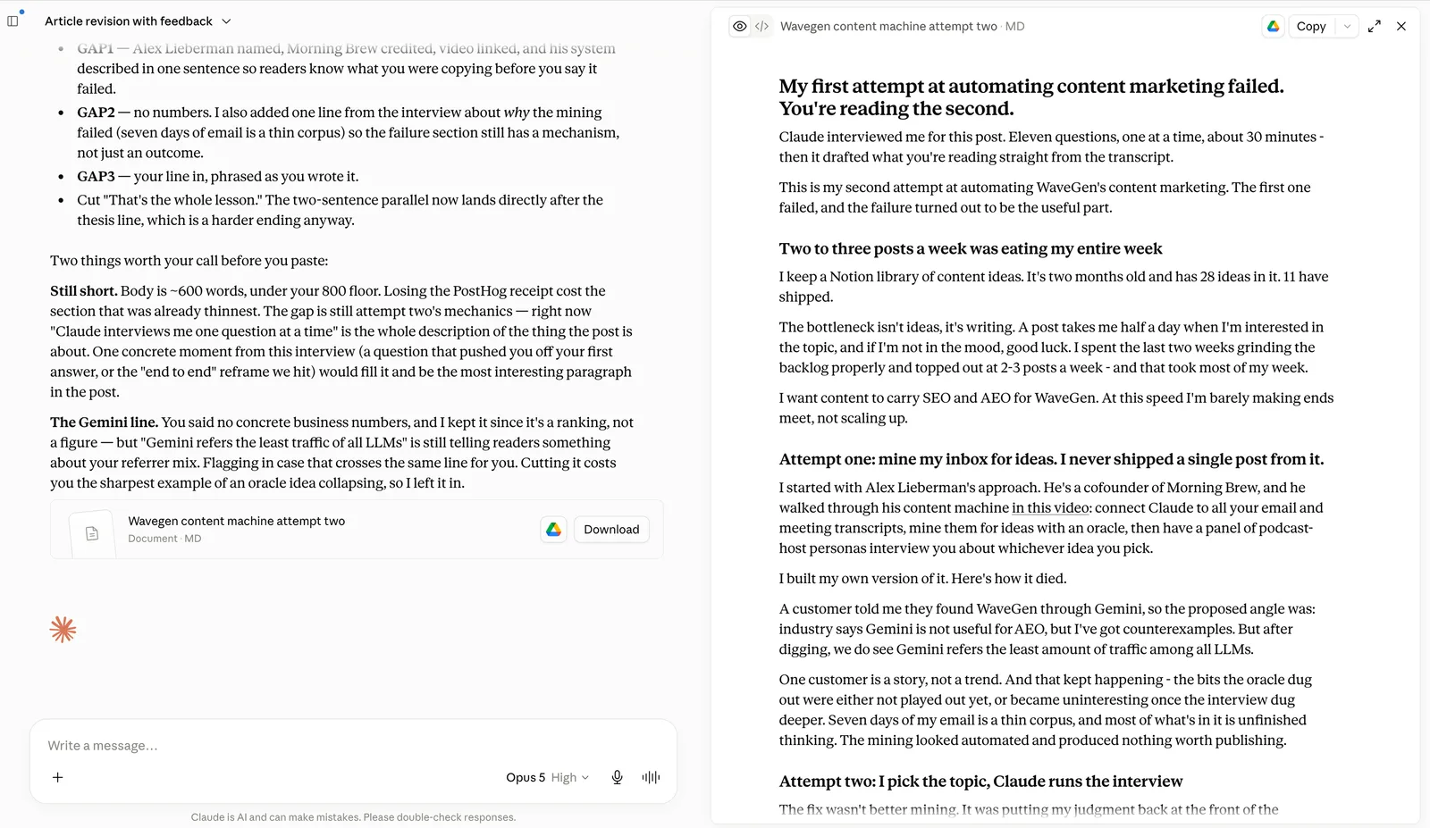 Claude session with a drafted blog article, resolving [GAP] questions and producing a paste-ready version for the WordPress editor