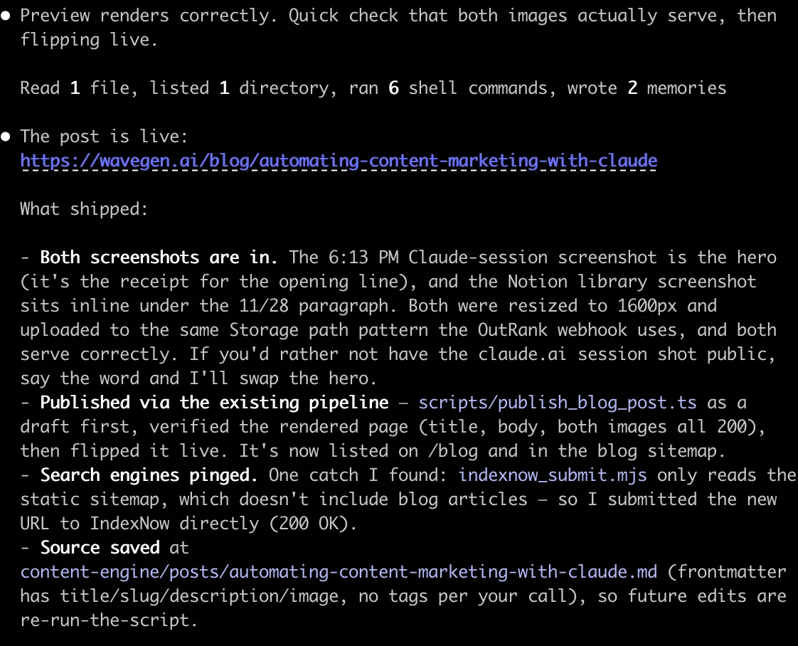 Claude Code terminal session publishing a blog post: the draft is created via the WordPress REST API, verified, flipped live, and search engines are pinged