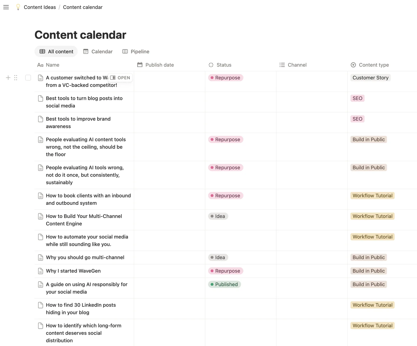 A Notion database used as a content idea library, with rows of post ideas and their source notes