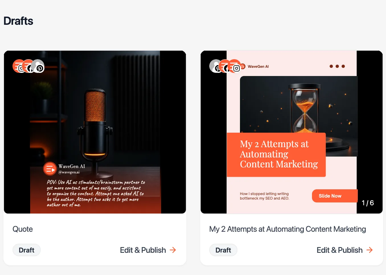 WaveGen drafts generated from the blog post: a quote post and a six-slide branded carousel