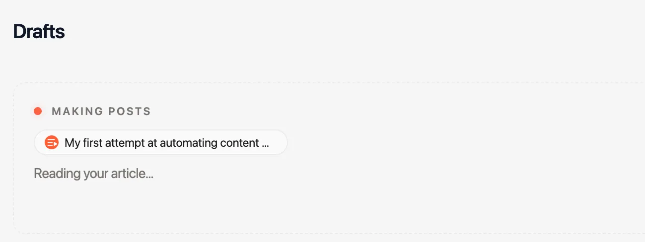 WaveGen picking up the newly published blog post, showing the 'Reading your article' progress state