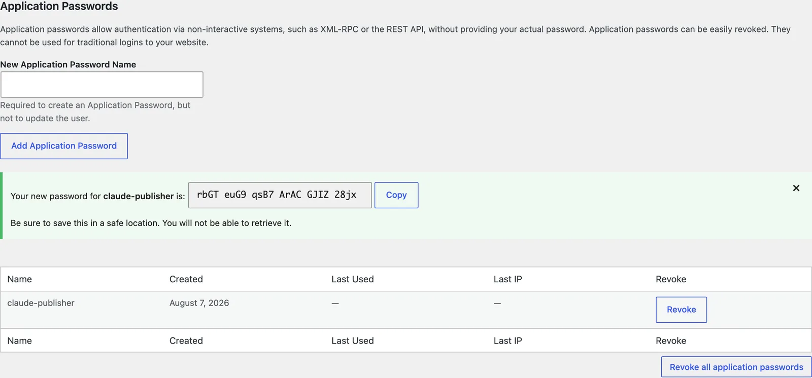 WordPress admin profile screen showing the Application Passwords section with a new password named claude-publisher