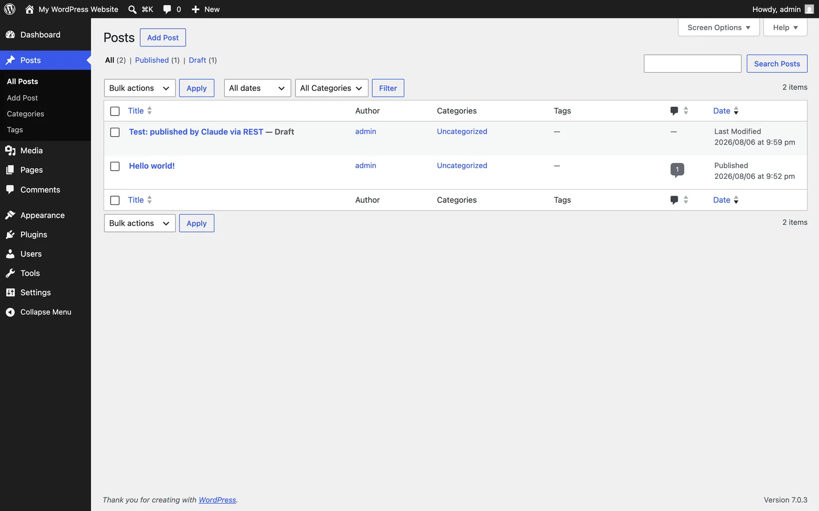 WordPress admin posts list showing the Claude-created post sitting as a draft awaiting review