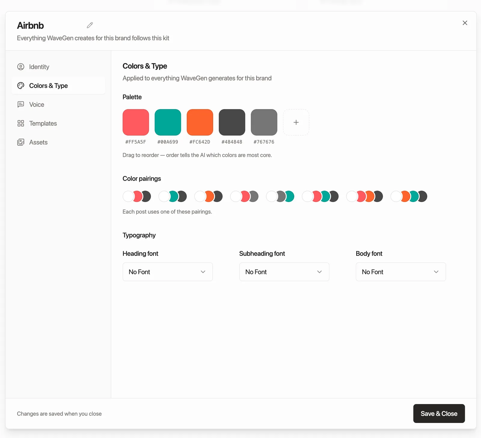 A drafted brand kit in WaveGen showing the extracted color palette and role-labeled pairings, ready to review and adjust
