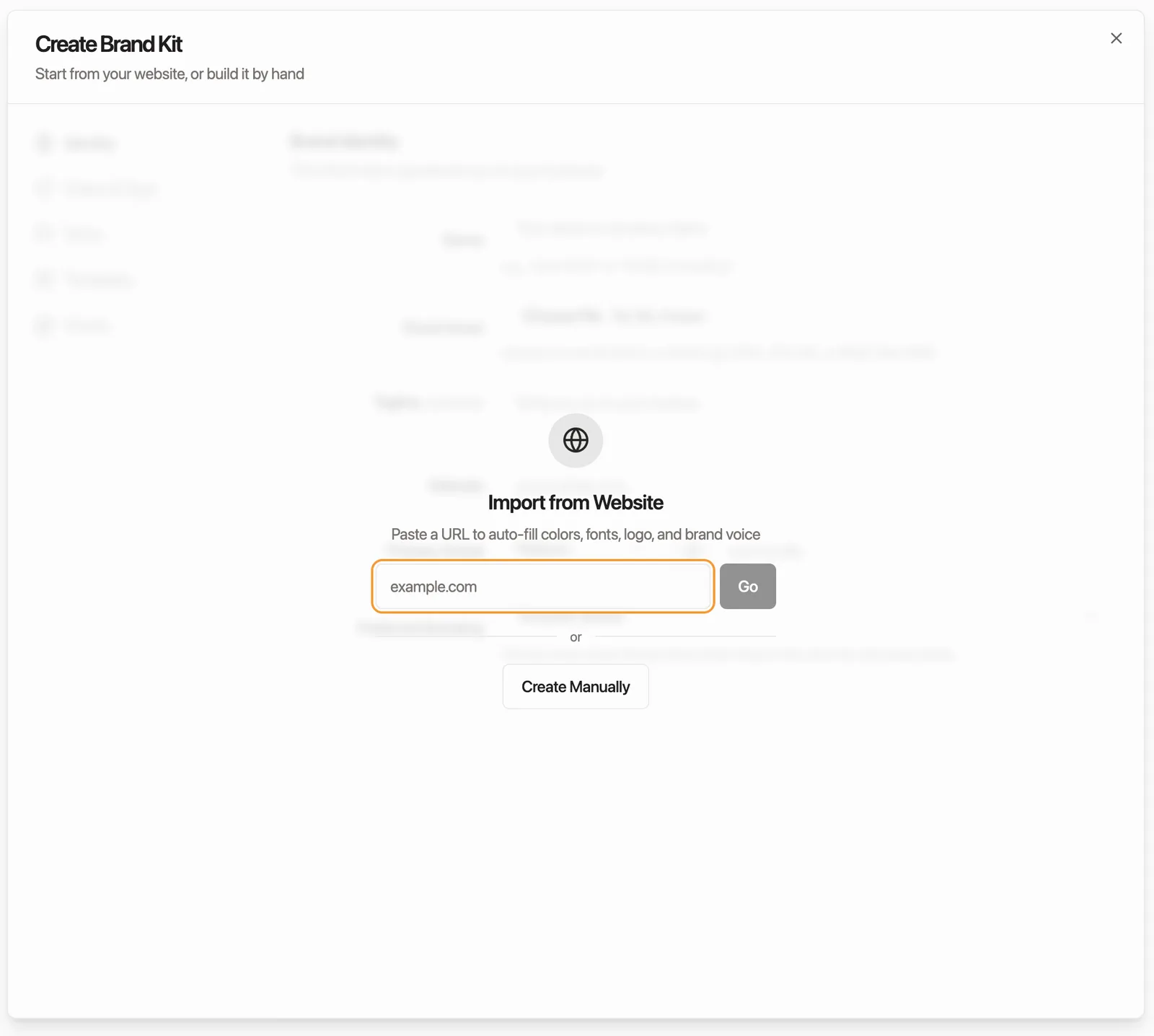 WaveGen brand kit setup screen with two options: import your brand from your website, or create it manually
