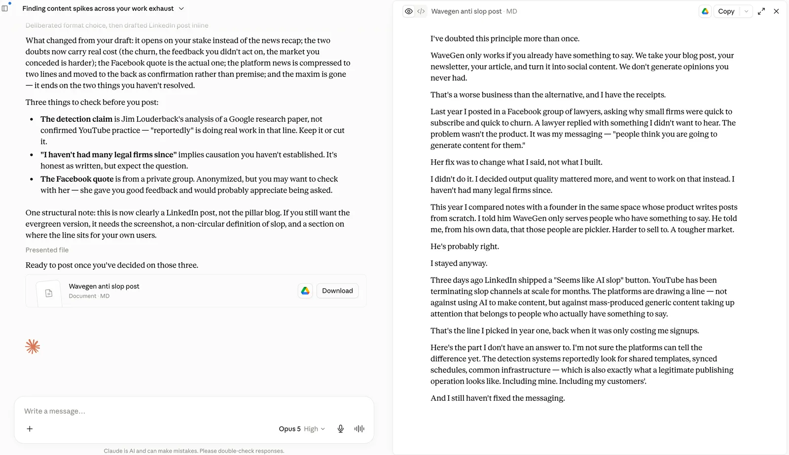 Claude session with a drafted content blob saved to Google Drive, flagging three things to check before posting