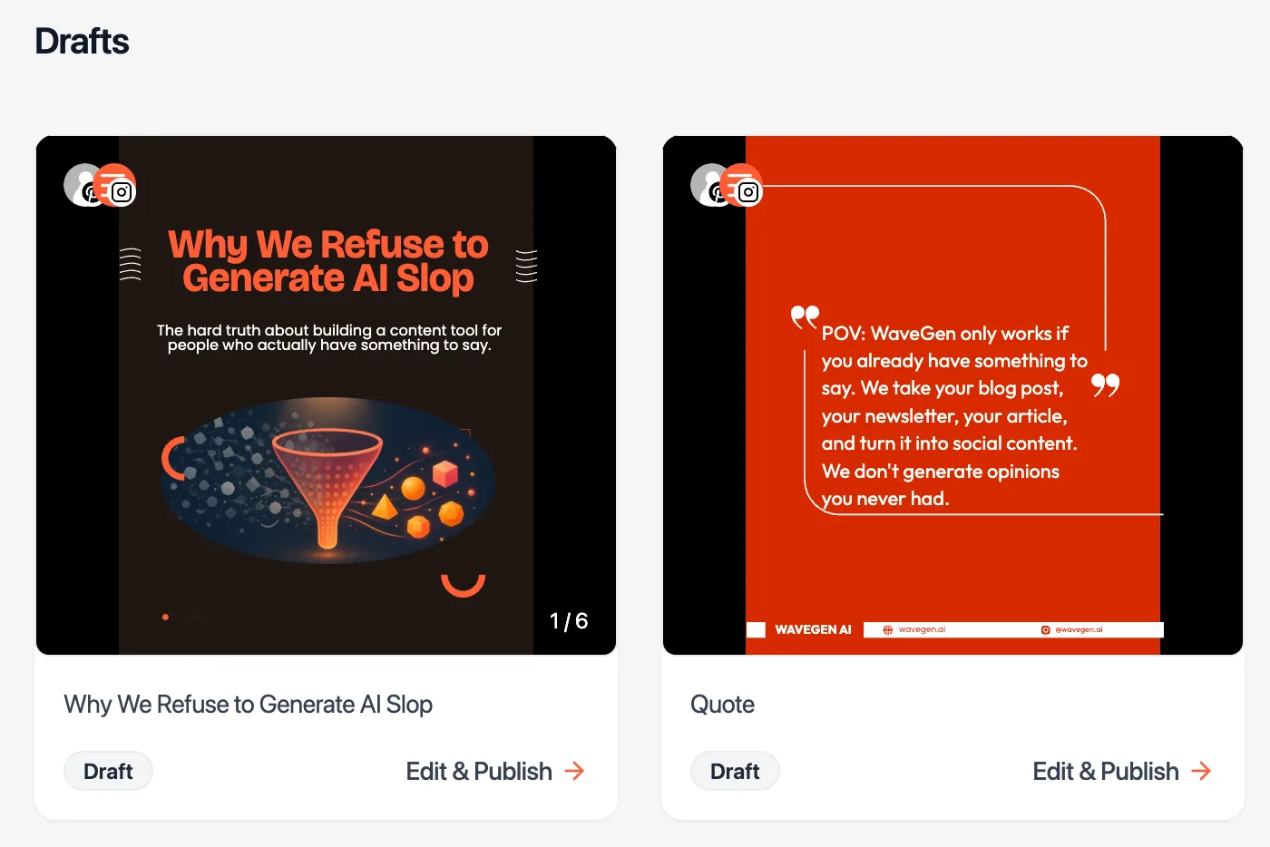 WaveGen drafts generated from one content blob: a six-slide branded carousel and a quote post