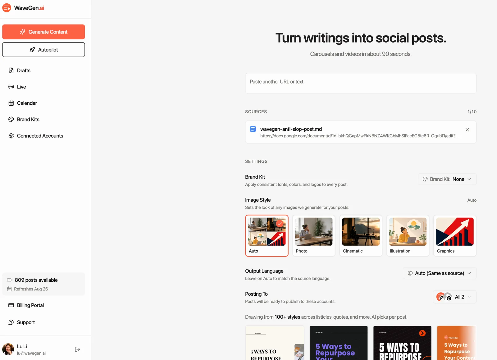 Pasting the Google Doc link of a content blob into WaveGen's create screen