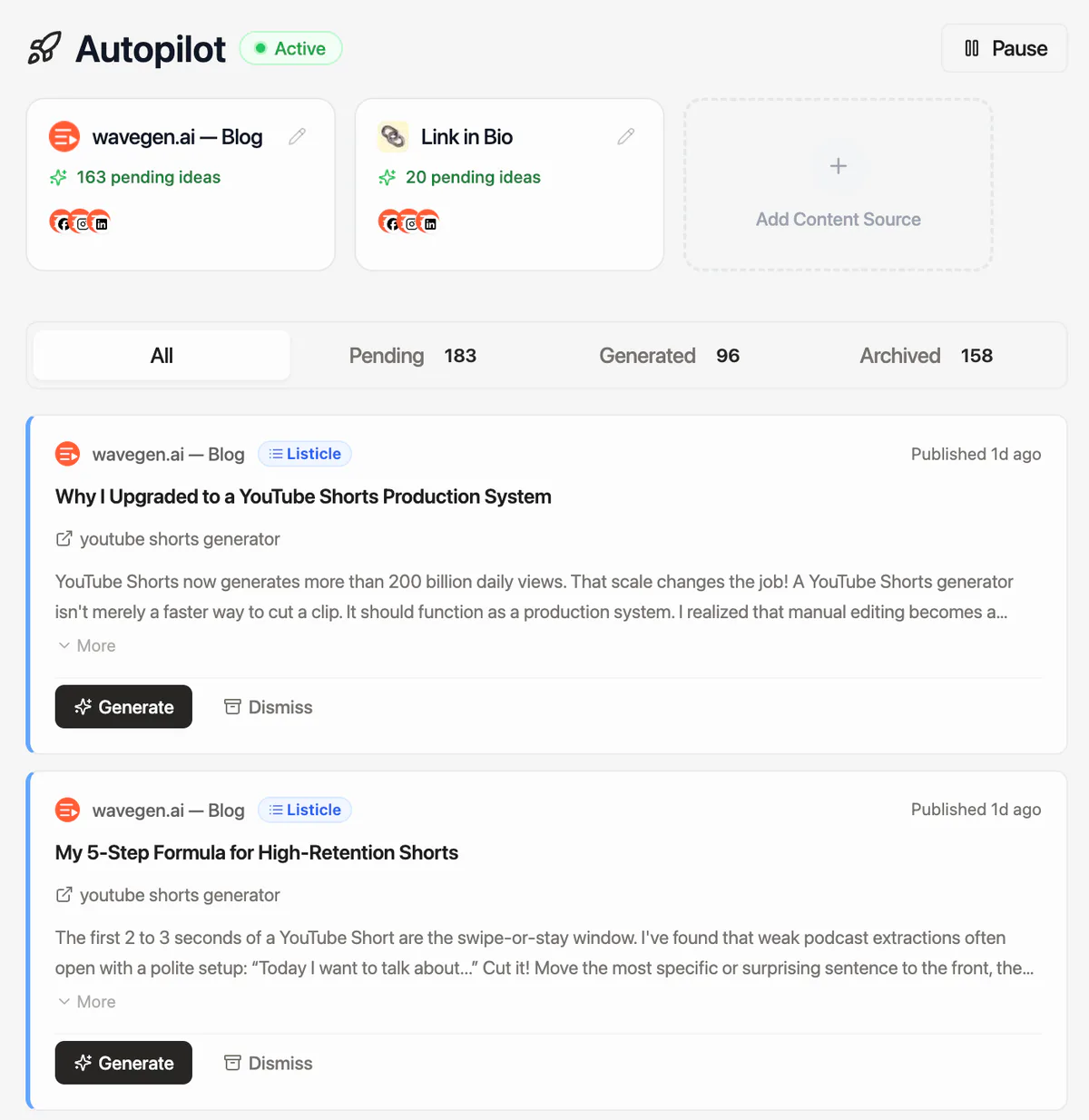 WaveGen Autopilot dashboard with monitored content sources and pending post ideas