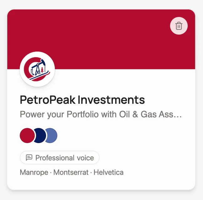PetroPeak Investments brand kit in WaveGen, including its logo, colors, professional voice, and fonts