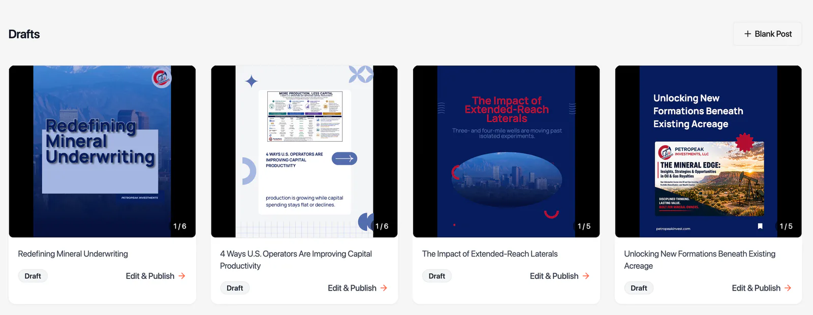 Grid of four social media post drafts generated from a PetroPeak newsletter issue