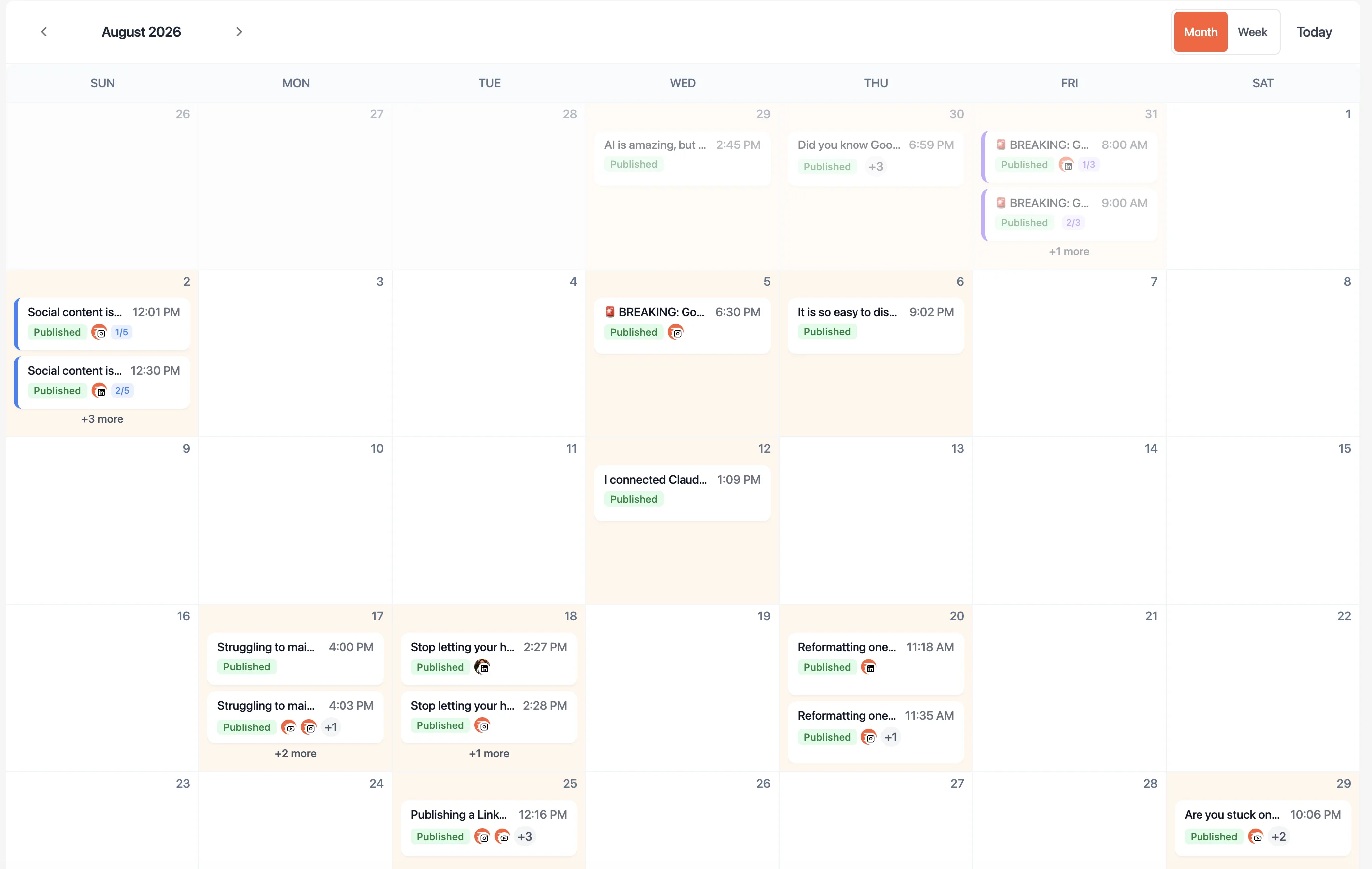 WaveGen publishing calendar showing posts across a month