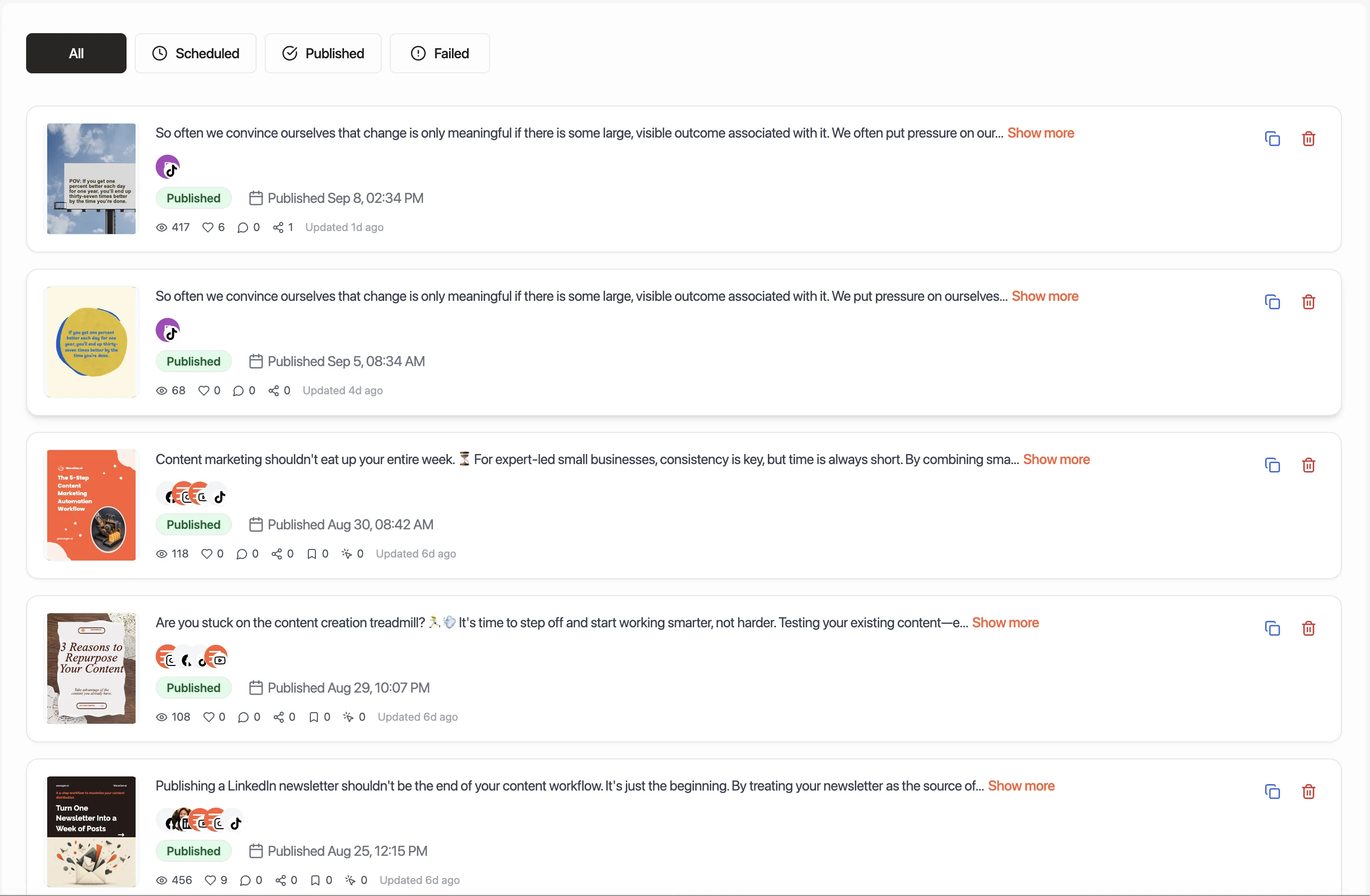 WaveGen post list showing published posts, social destinations, timing, and performance