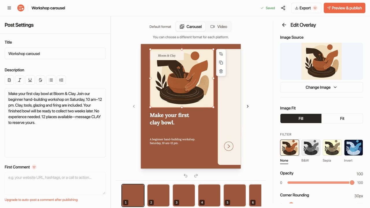 WaveGen carousel editor with the pottery illustration selected, resize handles on the image, and controls for changing the image, fit, filters, opacity and corner rounding