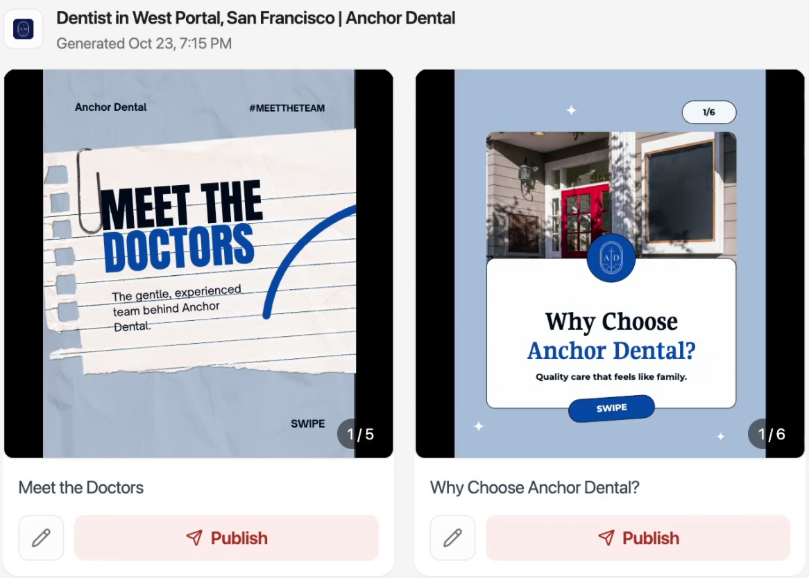 WaveGen draft batch for Anchor Dental showing Meet the Doctors and Why Choose Anchor Dental carousels with edit and publish buttons