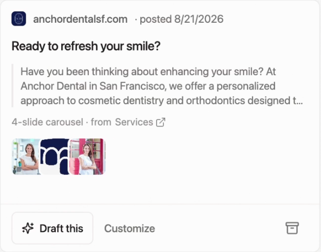 WaveGen suggested post idea Ready to refresh your smile, a 4-slide carousel drawn from Anchor Dental's Services page