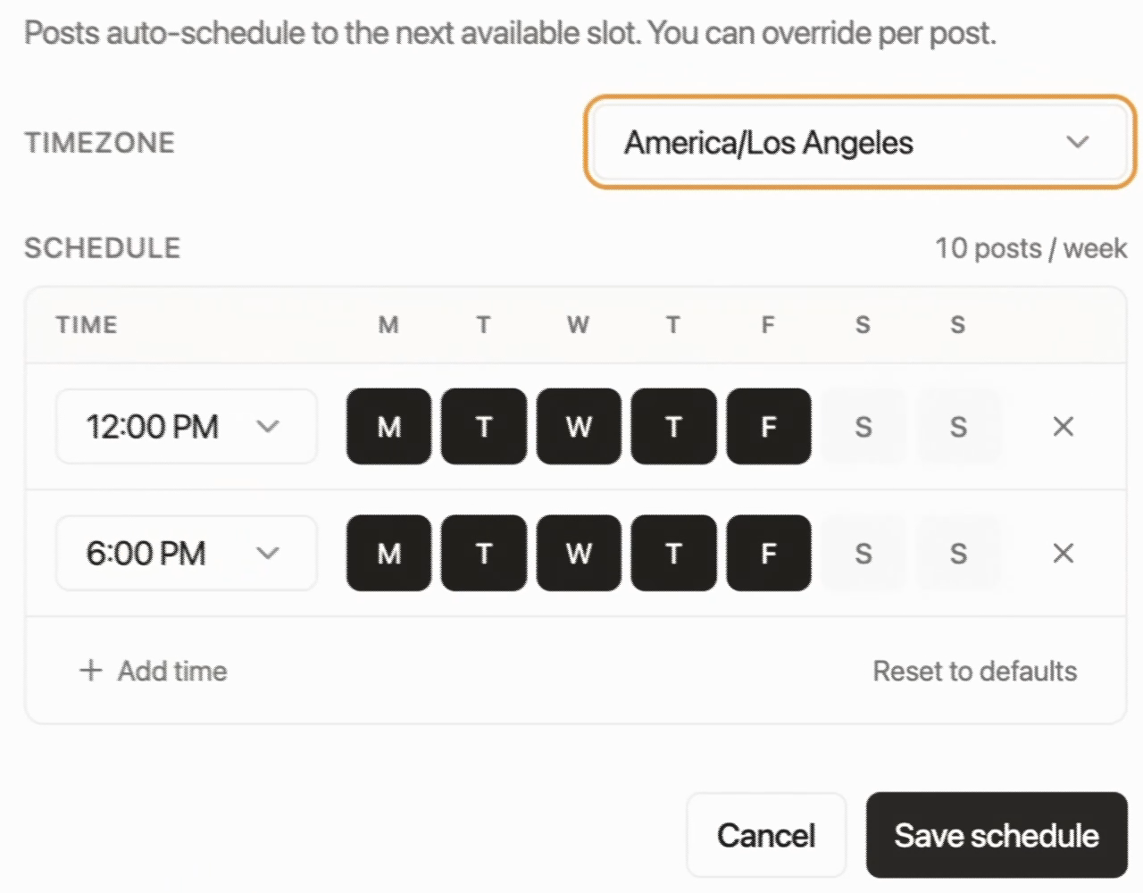 WaveGen channel schedule showing America/Los Angeles timezone and recurring weekday posting slots at 12:00 PM and 6:00 PM