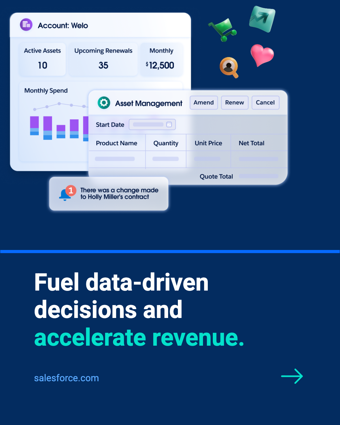 Branded carousel cover generated with Brand Kit applied: Fuel data-driven decisions and accelerate revenue in Roboto font on a navy background with brand imagery