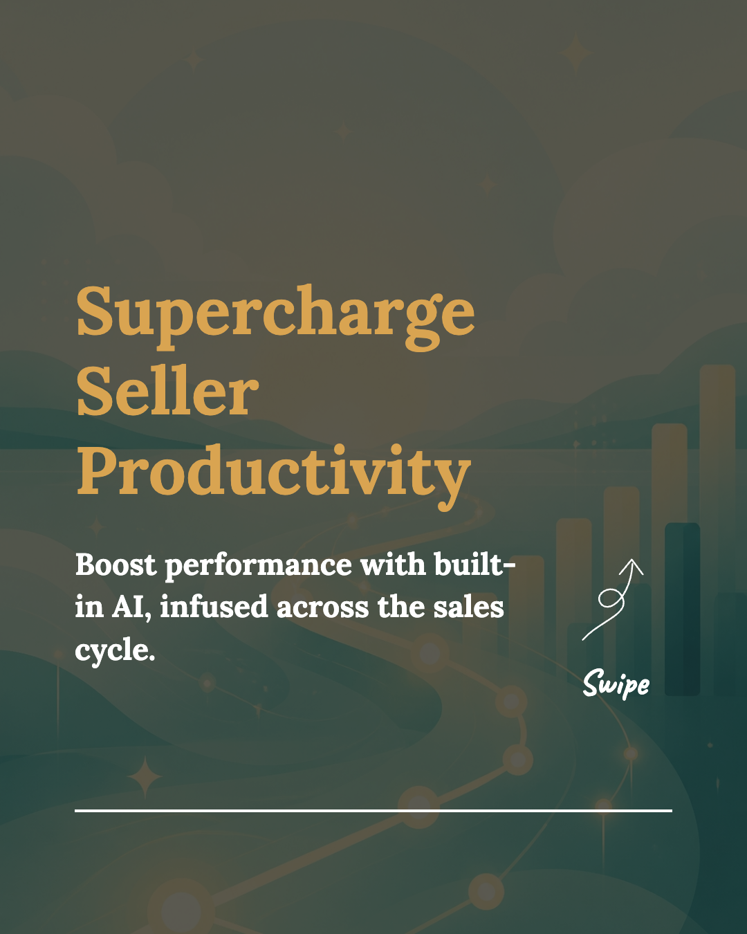 Unbranded carousel cover generated without a Brand Kit: Supercharge Seller Productivity in Lora and Caveat fonts on a dark olive background